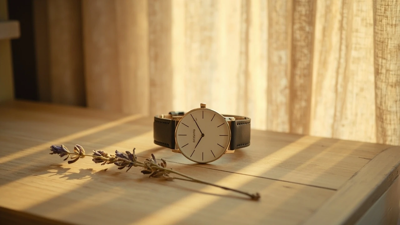 Analoge Uhr mit der Zeitanzeige 09:09, weiches Morgenlicht, Symbolbild zur Bedeutung der Uhrzeit 0909