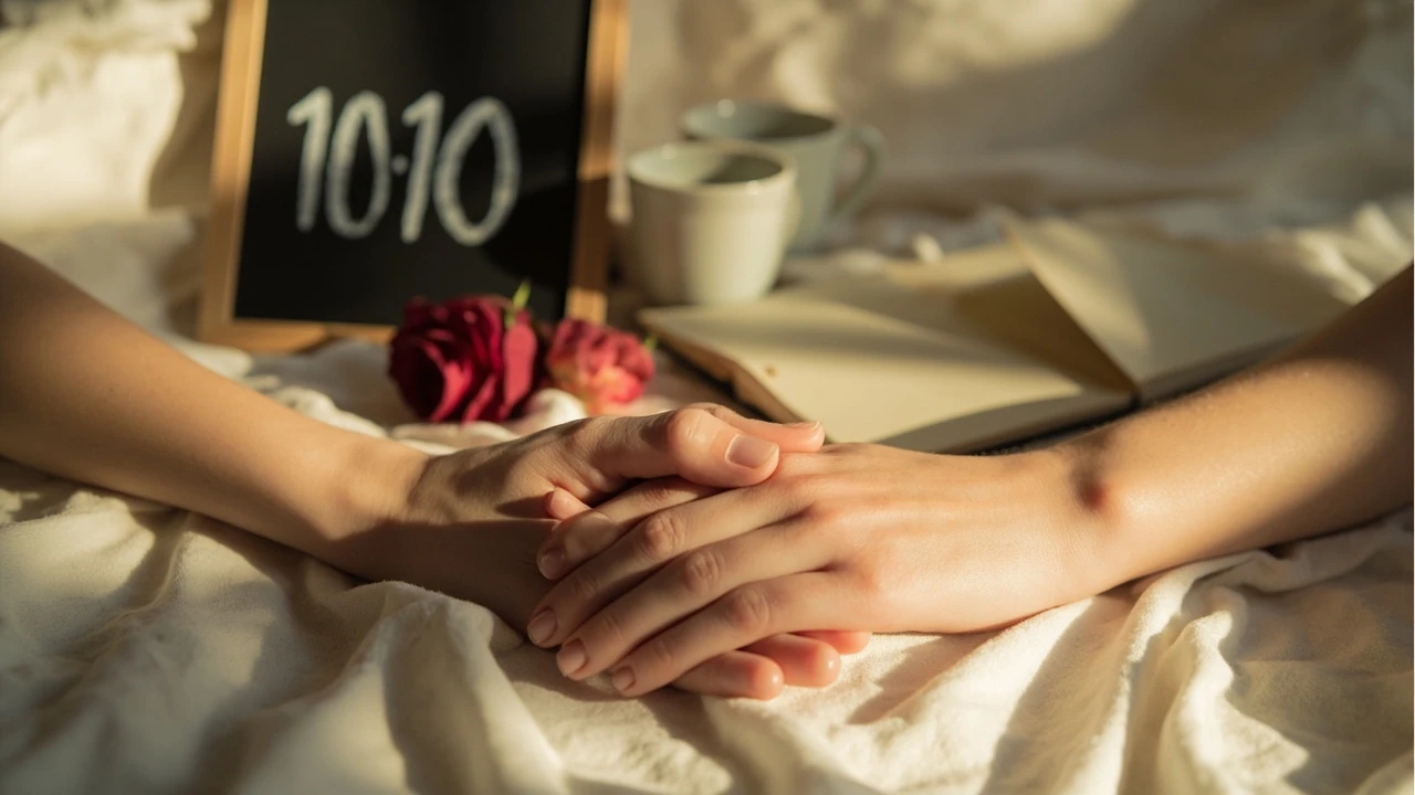 1010 Bedeutung Liebe – zwei Hände, die auf einer hellen Tafel die Zahl 10:10 formen