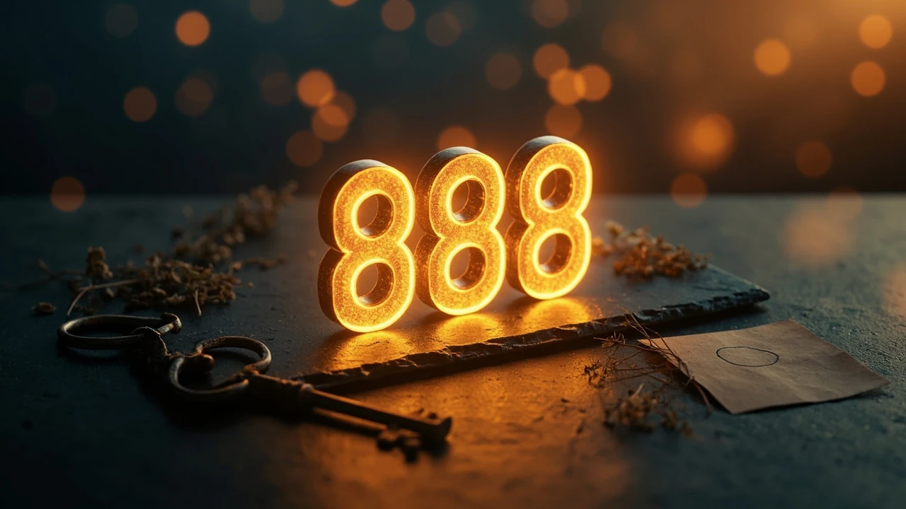 Engelszahl 888 als leuchtende Ziffernfolge auf dunklem Hintergrund mit weichen Lichtreflexen