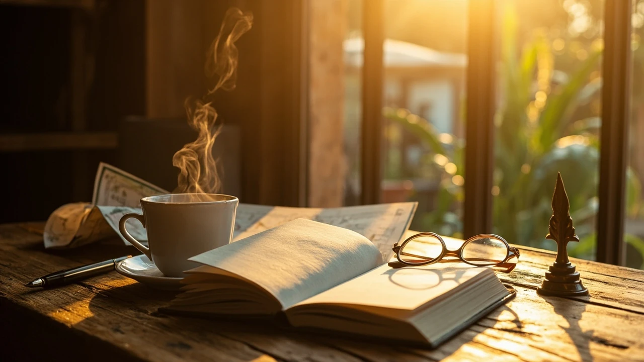 Schütze Sternzeichen morgen mit Notizbuch und Tee bei Sonnenaufgang